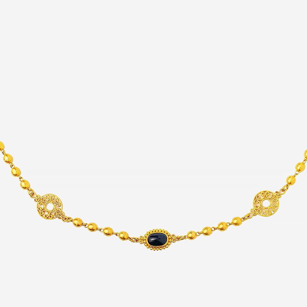 Oval Cut 24 Karat Gold Handcrafted Cabochon Sapphire Linked Ball Necklace For Sale