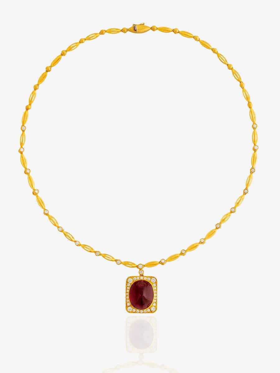 Modern 24 Karat Pure Gold Handcrafted Cabochon Rubelite Necklace For Sale