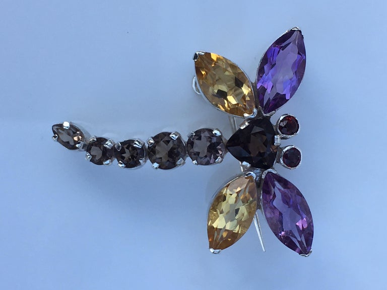 Amethyst Citrine Garnet and Smokey Topaz Brooch Pin In New Condition For Sale In Trumbull, CT