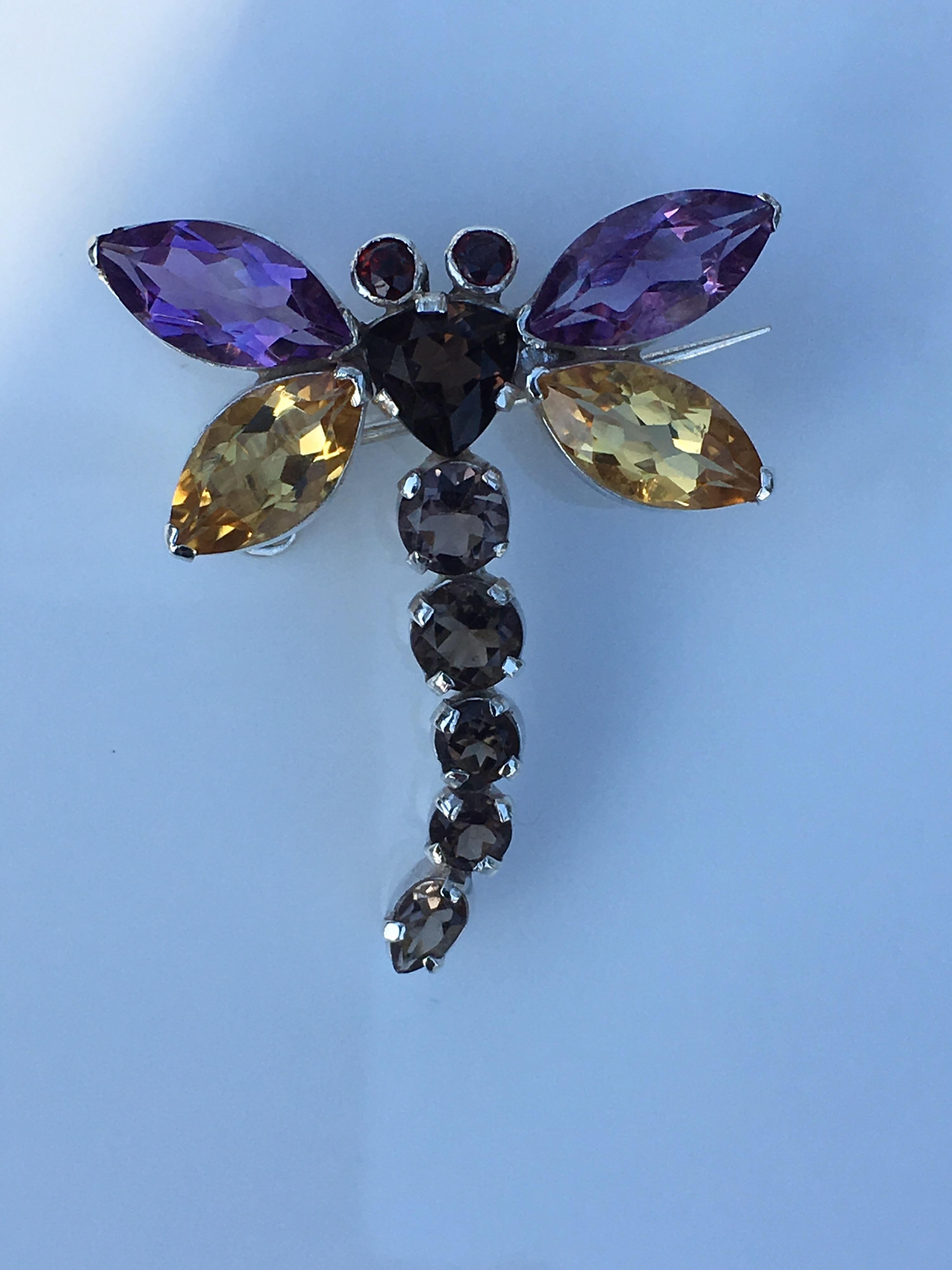 Amethyst Citrine Garnet and Smokey Topaz Brooch Pin For Sale 1