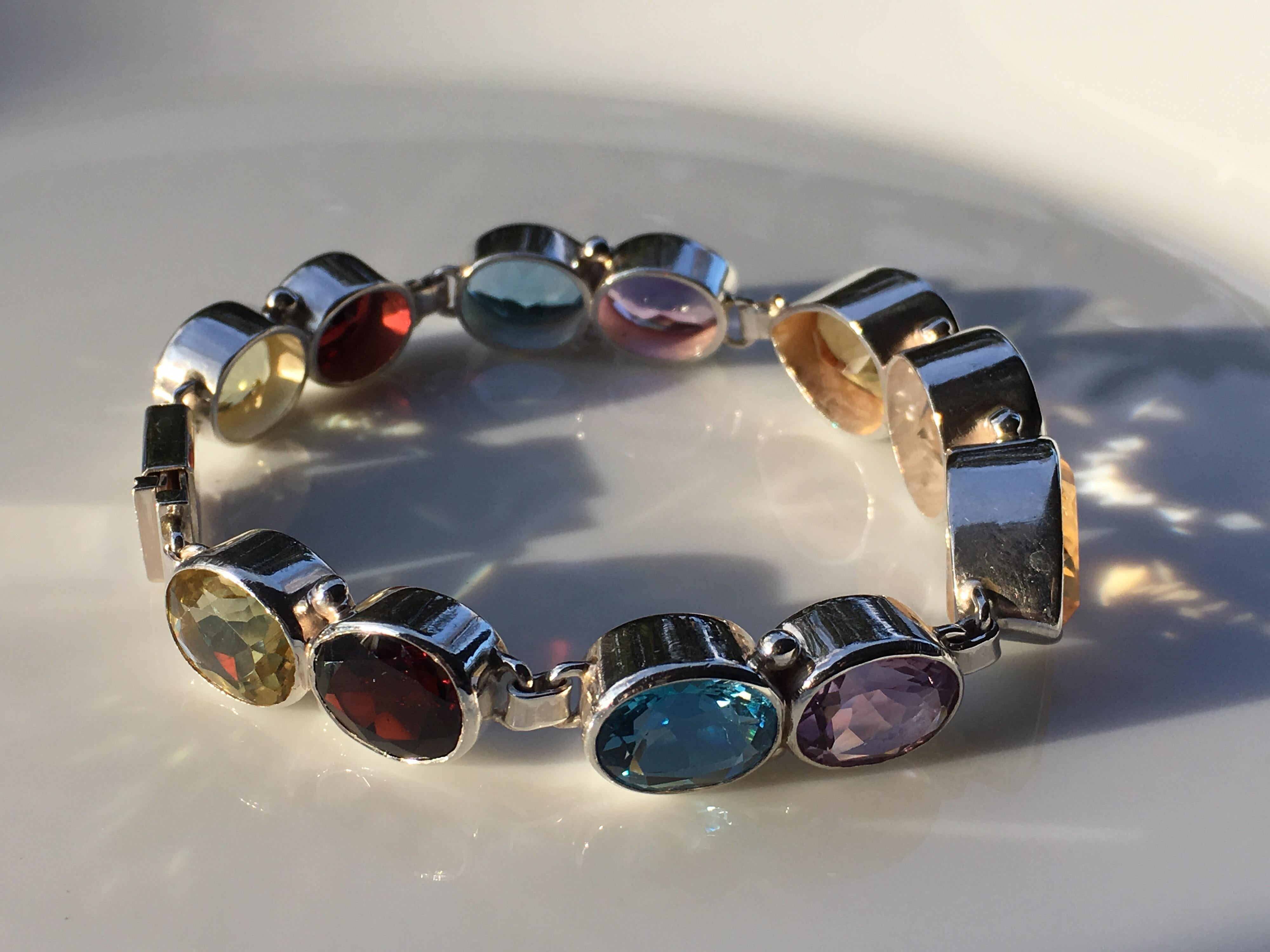 Contemporary Citrine Rock Crystal Amethyst Garnet Blue and Lemon Topaz Bracelet For Sale