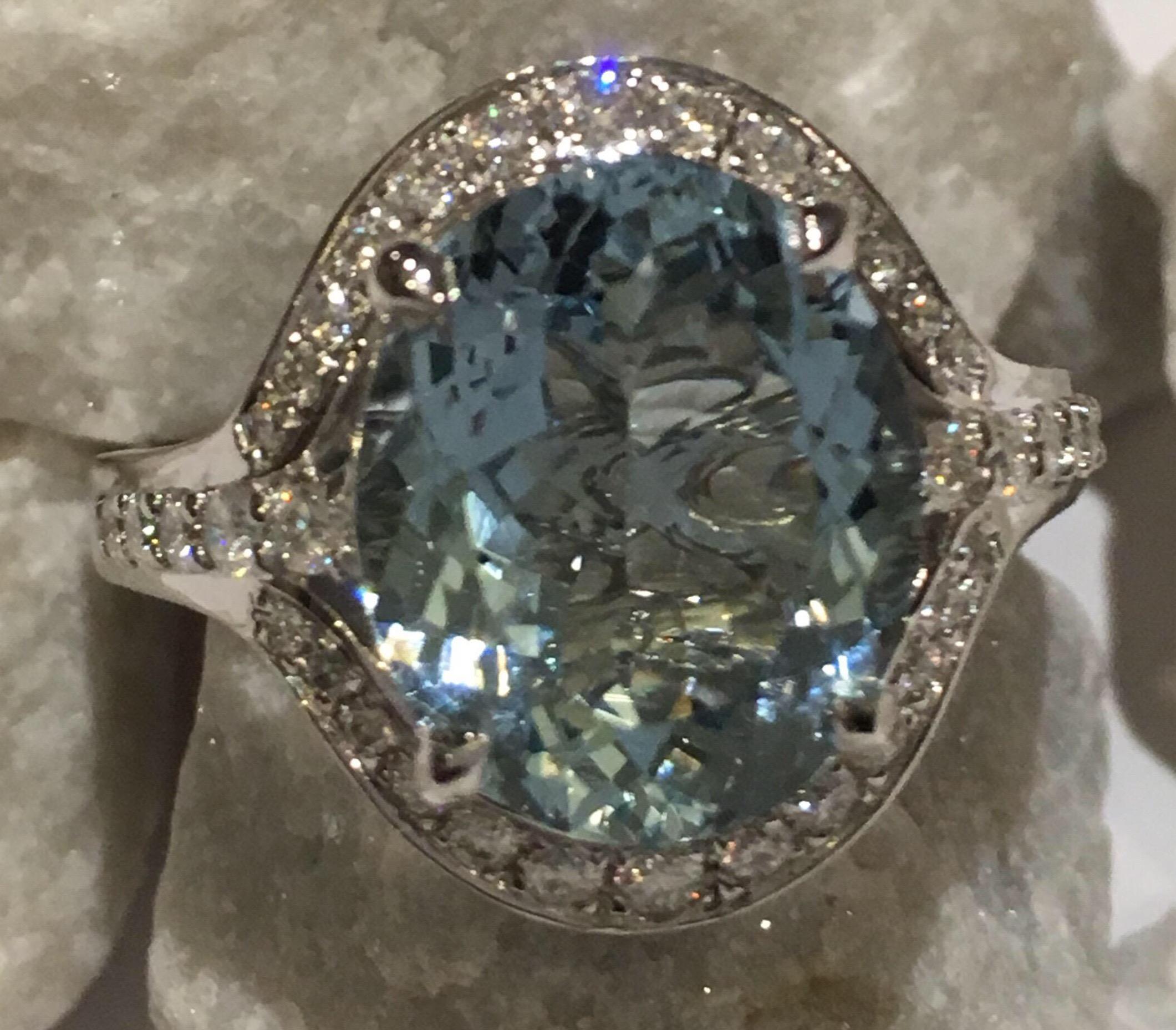 Artisan Oval Aquamarine and Diamond Ring Set in 18 Karat White Gold