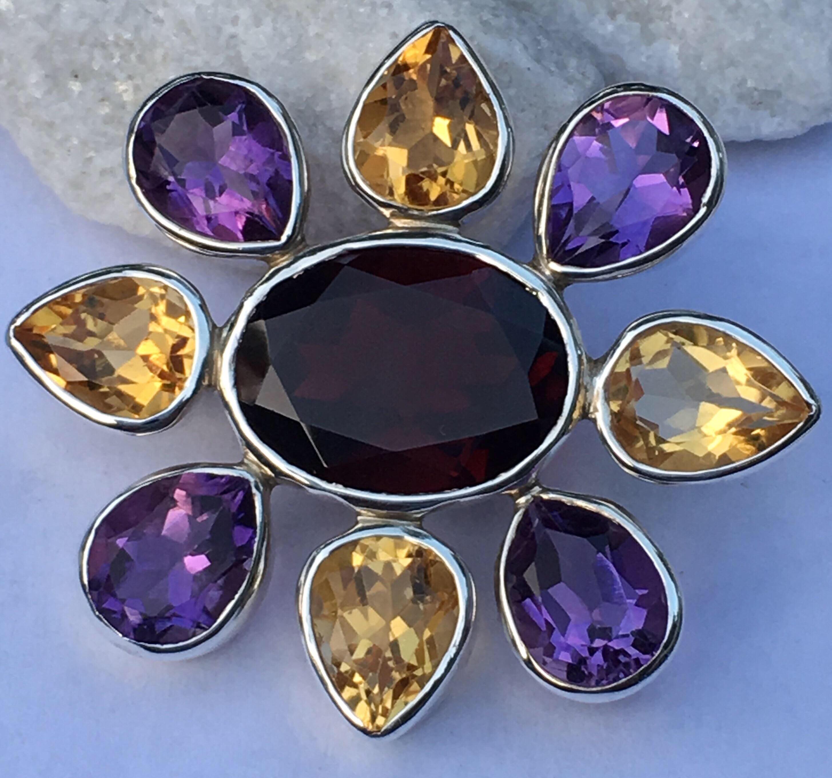 Women's or Men's Garnet Citrine Amethyst Pendant Set in Sterling For Sale