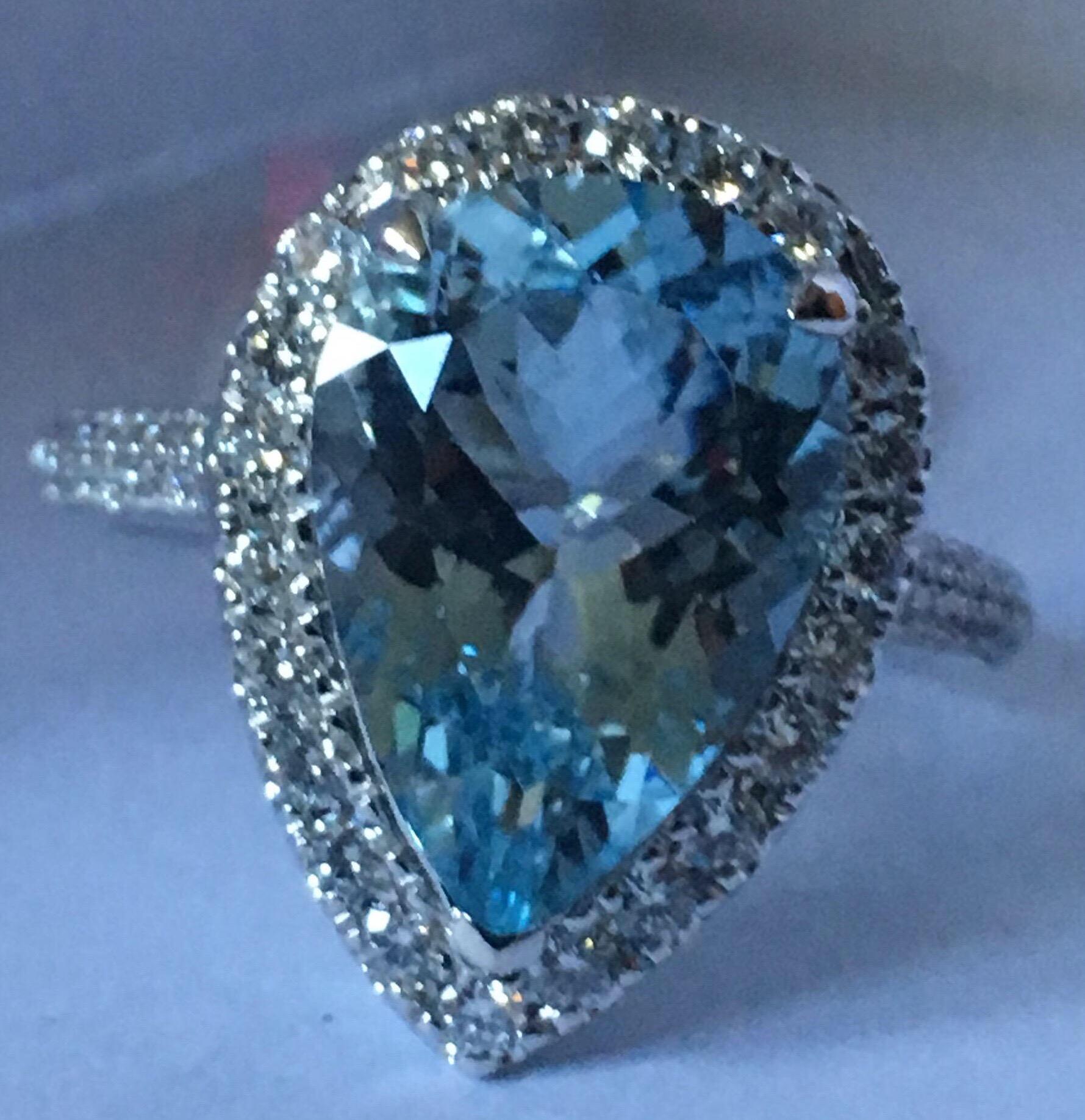 Artisan Pear Shape Aquamarine Ring Set in 14 Karat Gold