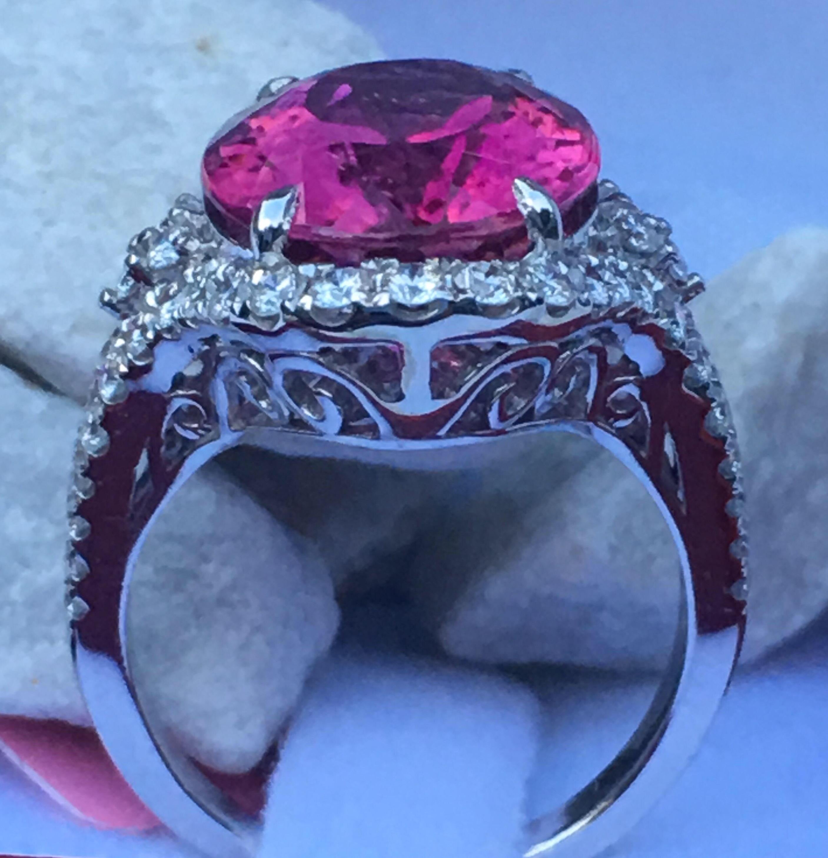 Pink Tourmaline Diamond Ring Set in 14 Karat White Gold In New Condition In Trumbull, CT