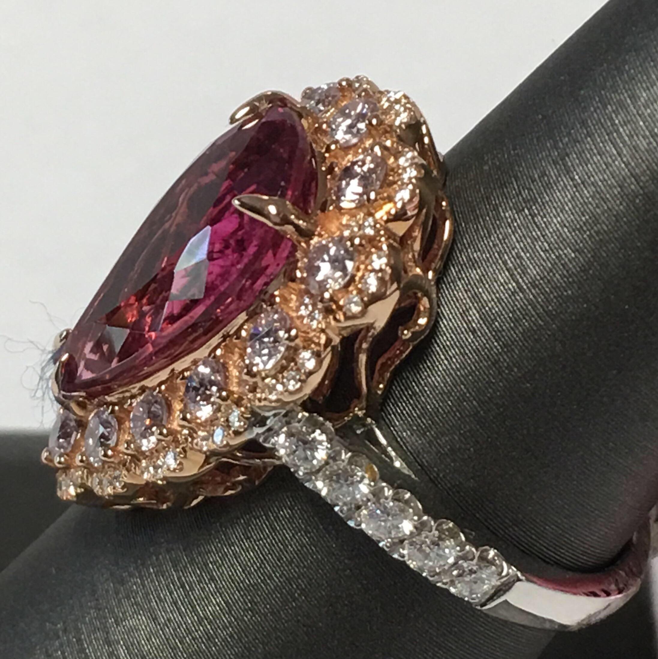 
Natural Pink Tourmaline is very close to Rubellite weighs 5.52 Carat.
Light pink diamonds weight 0.79 Carat.
White diamonds weight 0.49 Carat.
Size of the ring is 7 ( Can be resized)
Ring set in 18K Two tone gold.