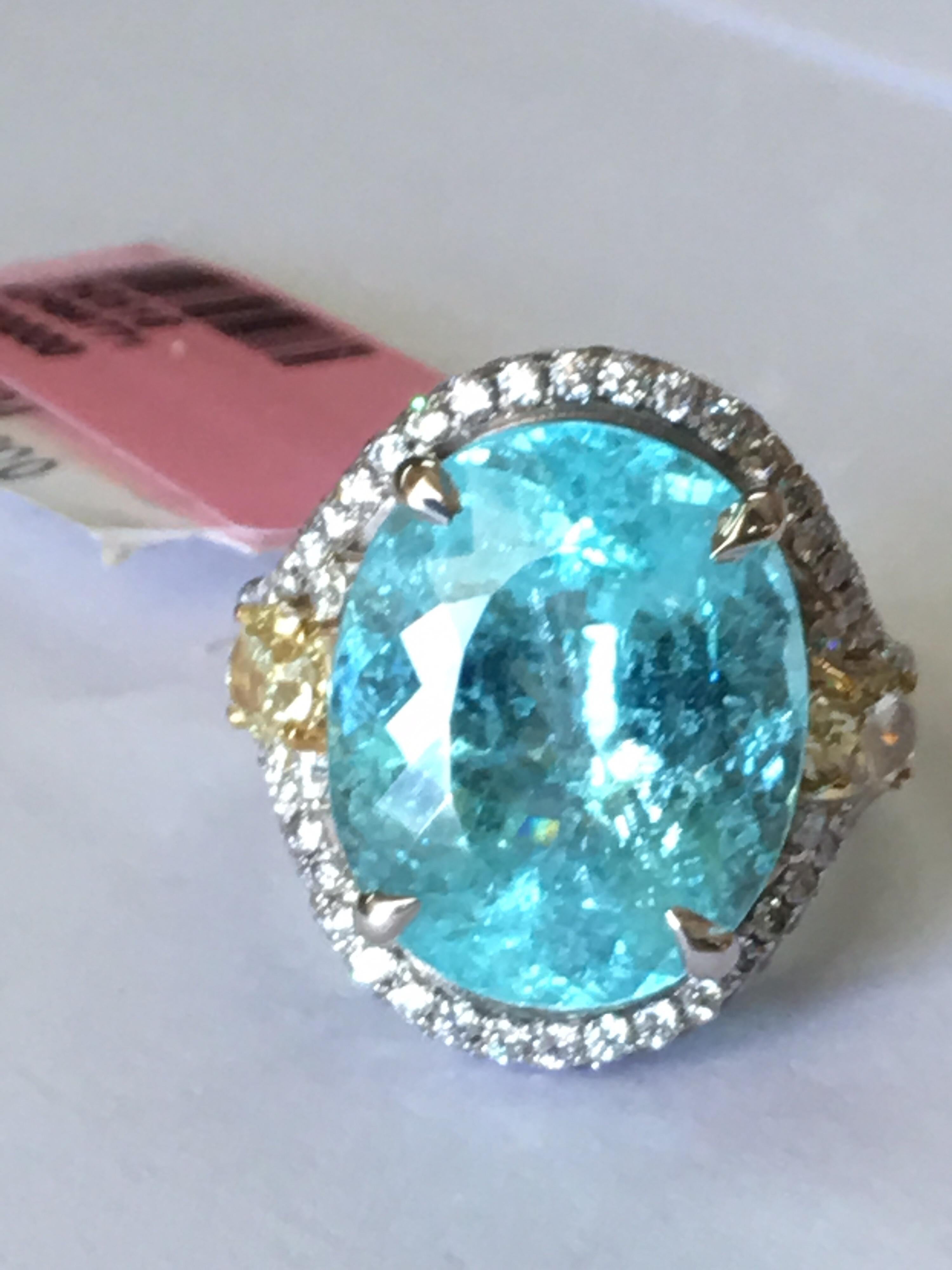 Oval Cut Natural 13.01 Carat Paraiba Tourmaline and Diamond Cocktail Ring For Sale