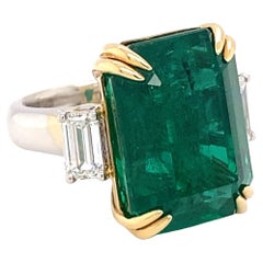 Certified 30.27 Carat Octagon Cut Emerald Diamond Statement Three Stone Ring