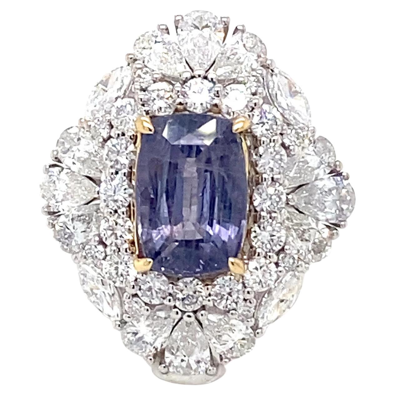 GIA Certified 3.66 Carat Cushion Cut Purple Sapphire Diamond Cocktail Ring