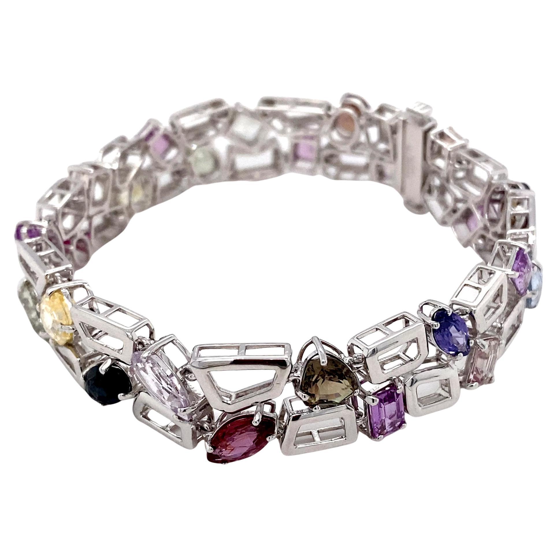 GIA Certified 23.72 Carat Multicolor Sapphire Platinum Bracelet For Sale