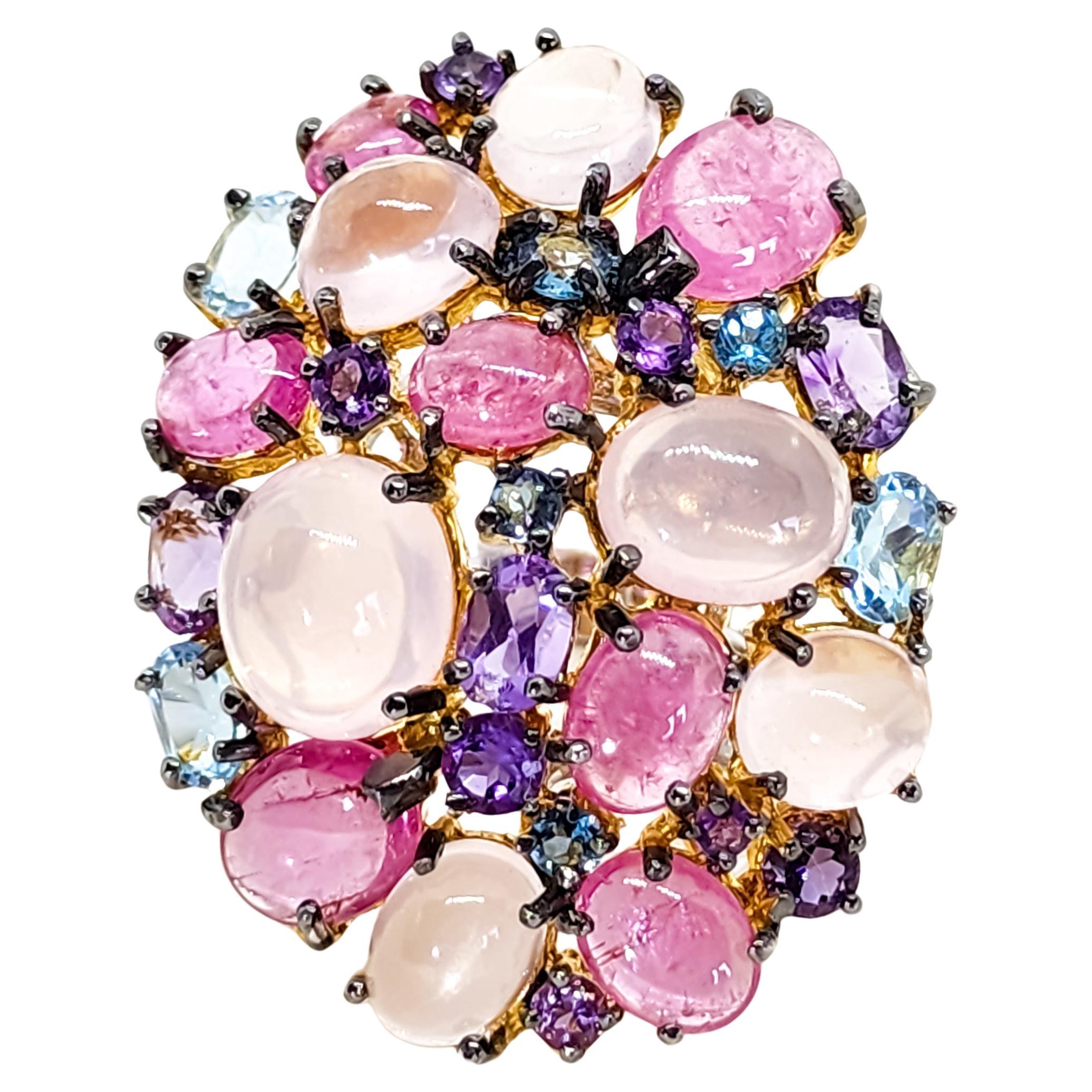 31 Carat Multi Gemstone Statement Cocktail Ring Pink Blue Purple Gems Silver For Sale