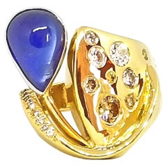 5.51 Carat Blue Sugarloaf Tear Drop Sapphire Fancy Diamond Contemporary Ring