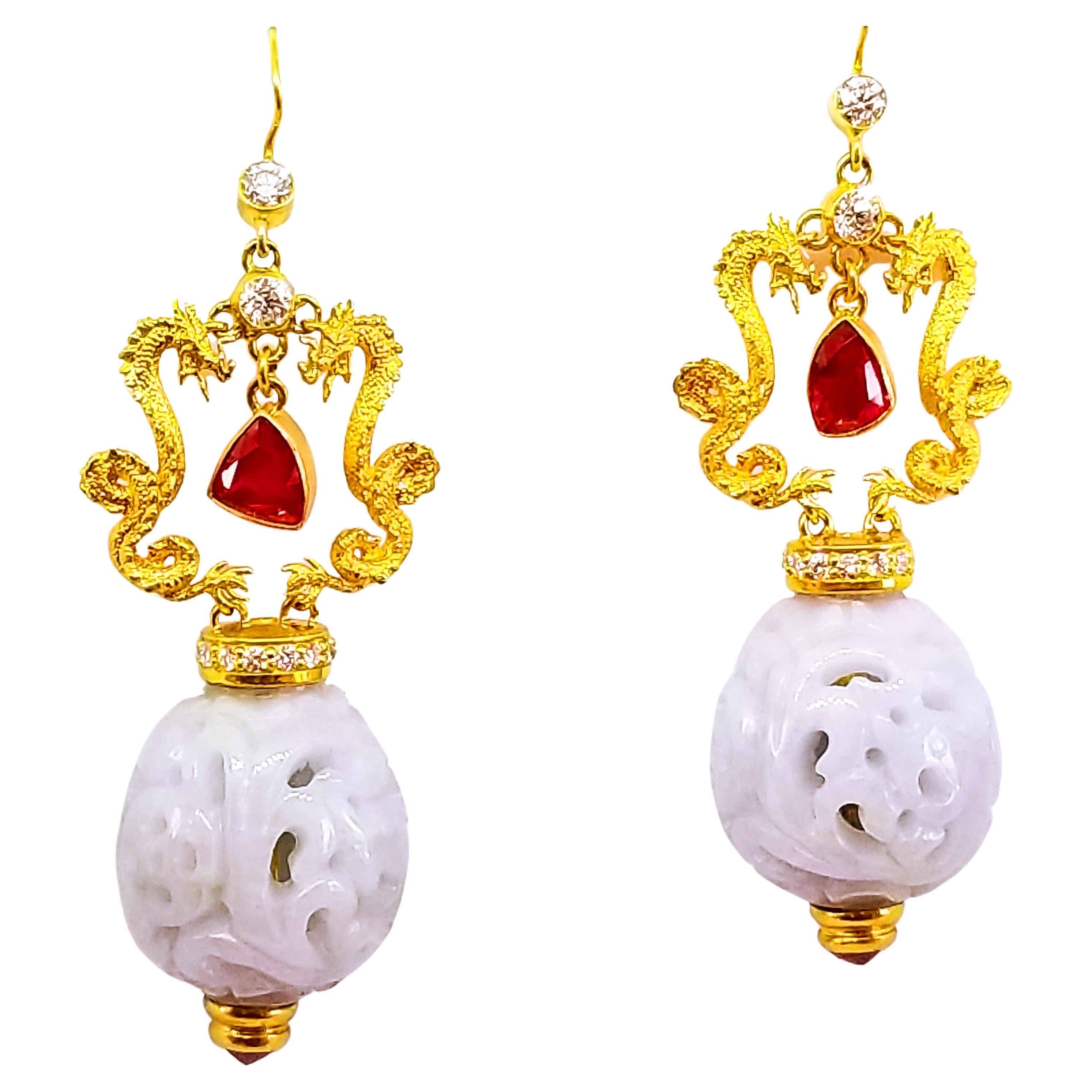 Year of the Dragon Red Ruby Diamond Natural Lavender Jade Drop Earrings
