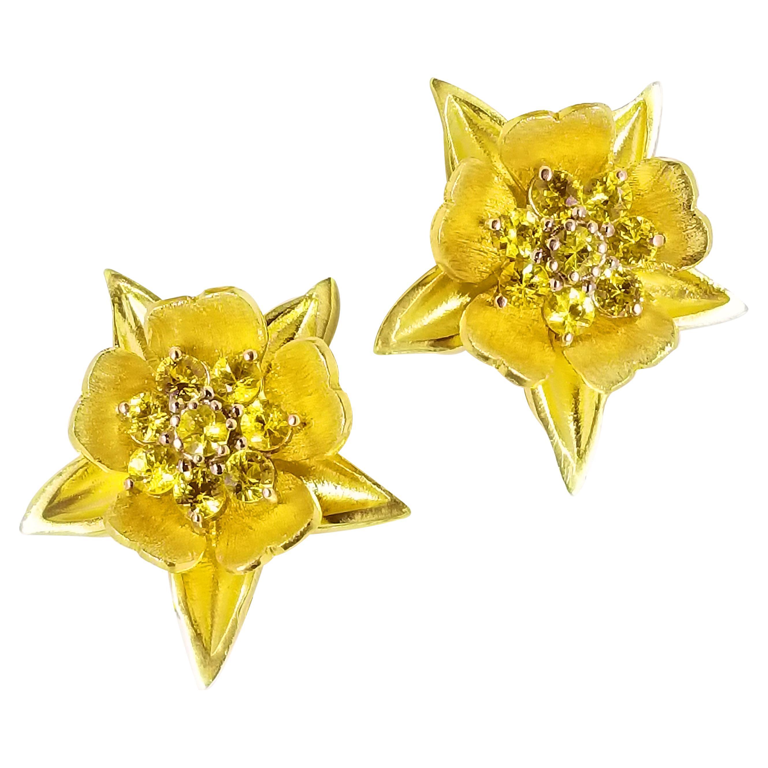 2.40 Carat Canary Sapphire Golden Columbine Flower Earrings One of a Kind 18K For Sale
