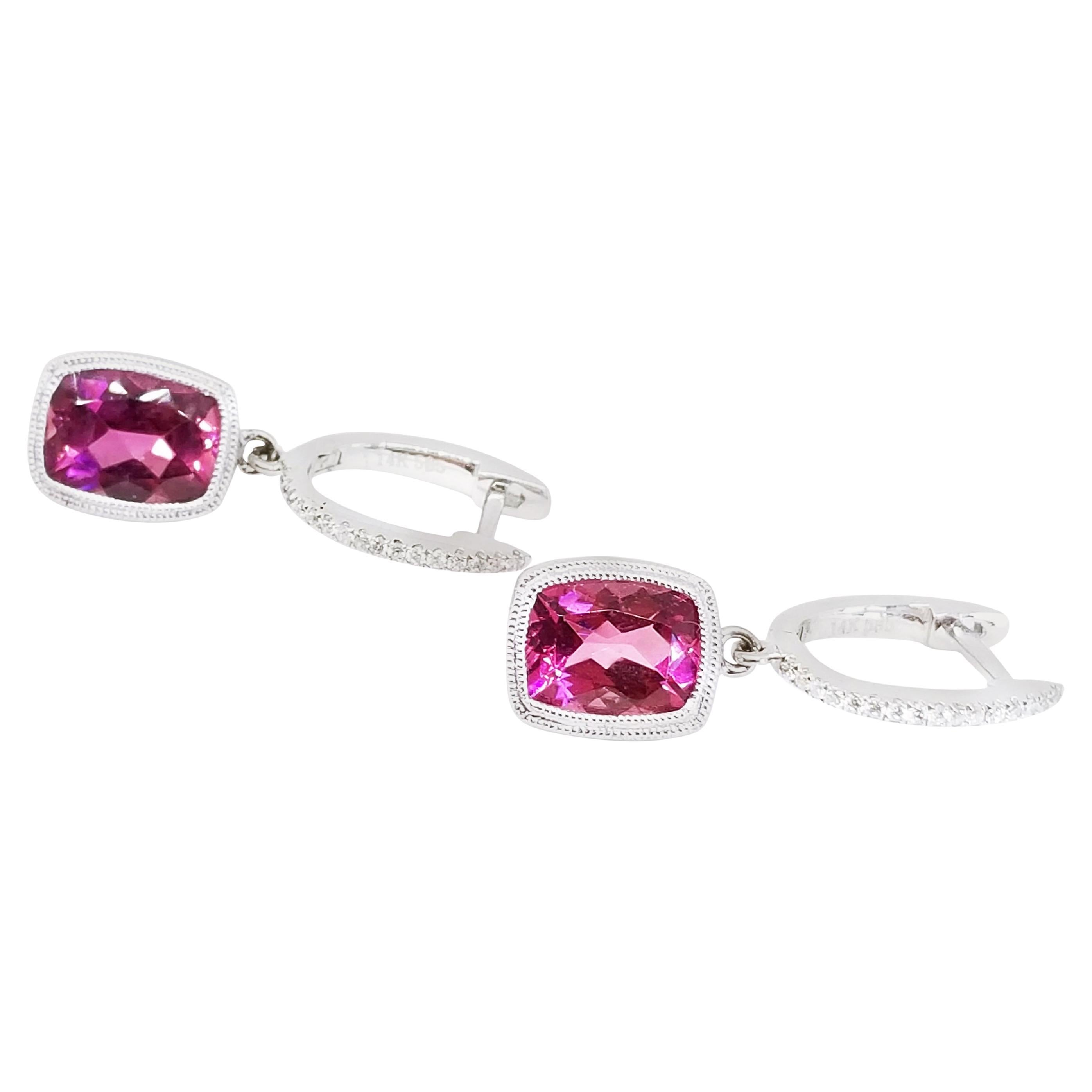 2,87 Karat Kissen Rosa Turmalin Weißer Diamant Mini Creolen Ohrringe im Angebot