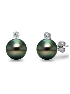 14 Karat Gold AAA Tahitian Cultured Pearls with 1/10 Carat Diamond Earrings