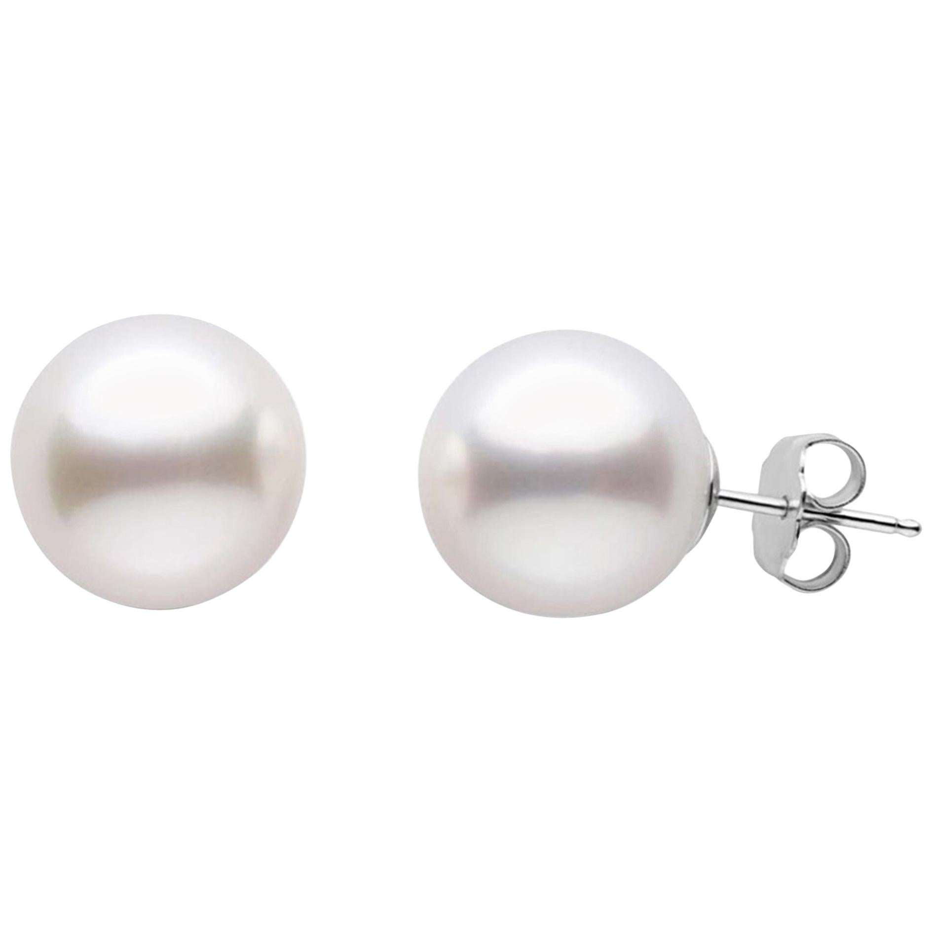 AAA Quality Round South Sea Cultured Pearl Earring Stud on 14 Karat White Gold For Sale