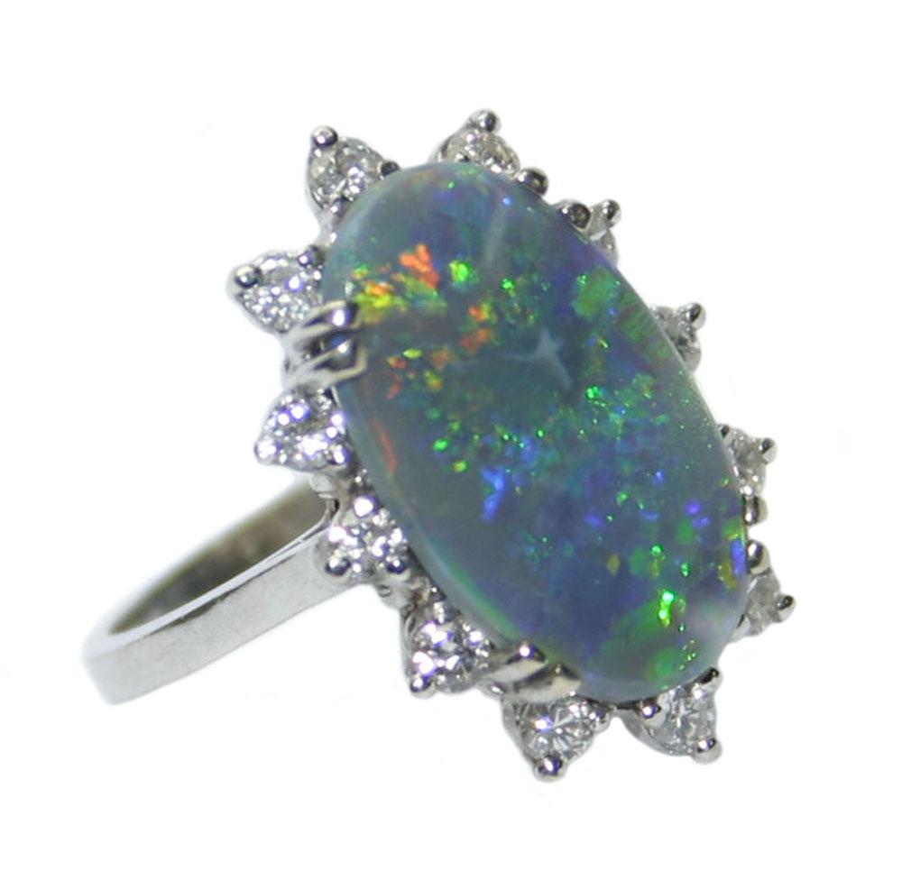 14 Karat White Gold Ladies Australian Black Opal and Diamond Cocktail Ring In Good Condition For Sale In Laguna Beach, CA
