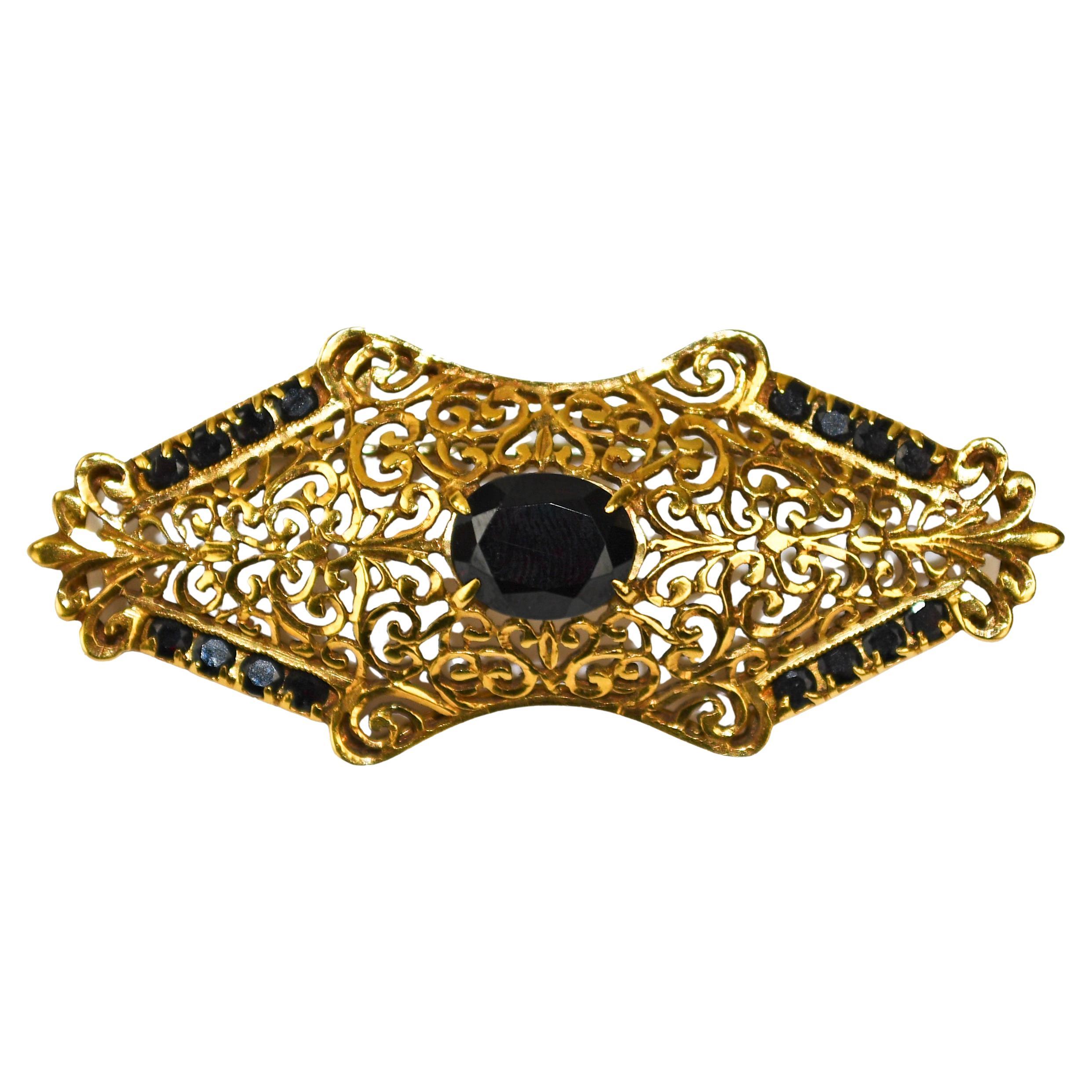 18K Yellow Gold Garnet Brooch Filigree Style