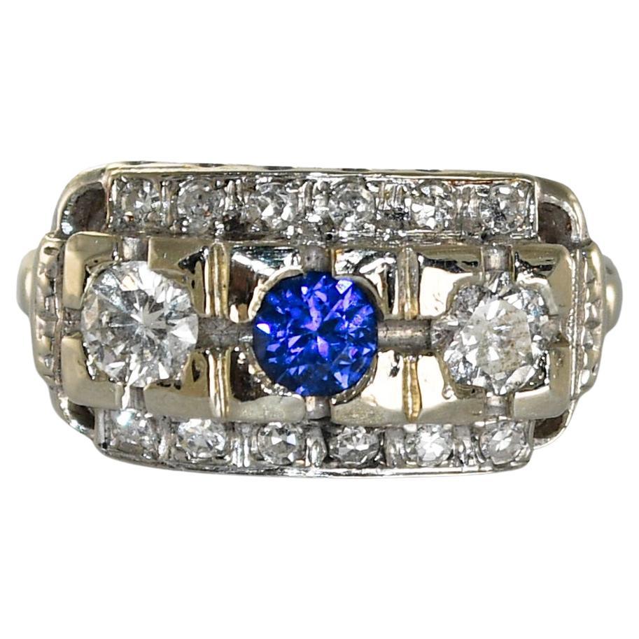 14K Weißgold Art Deco Saphir und Diamant Ring