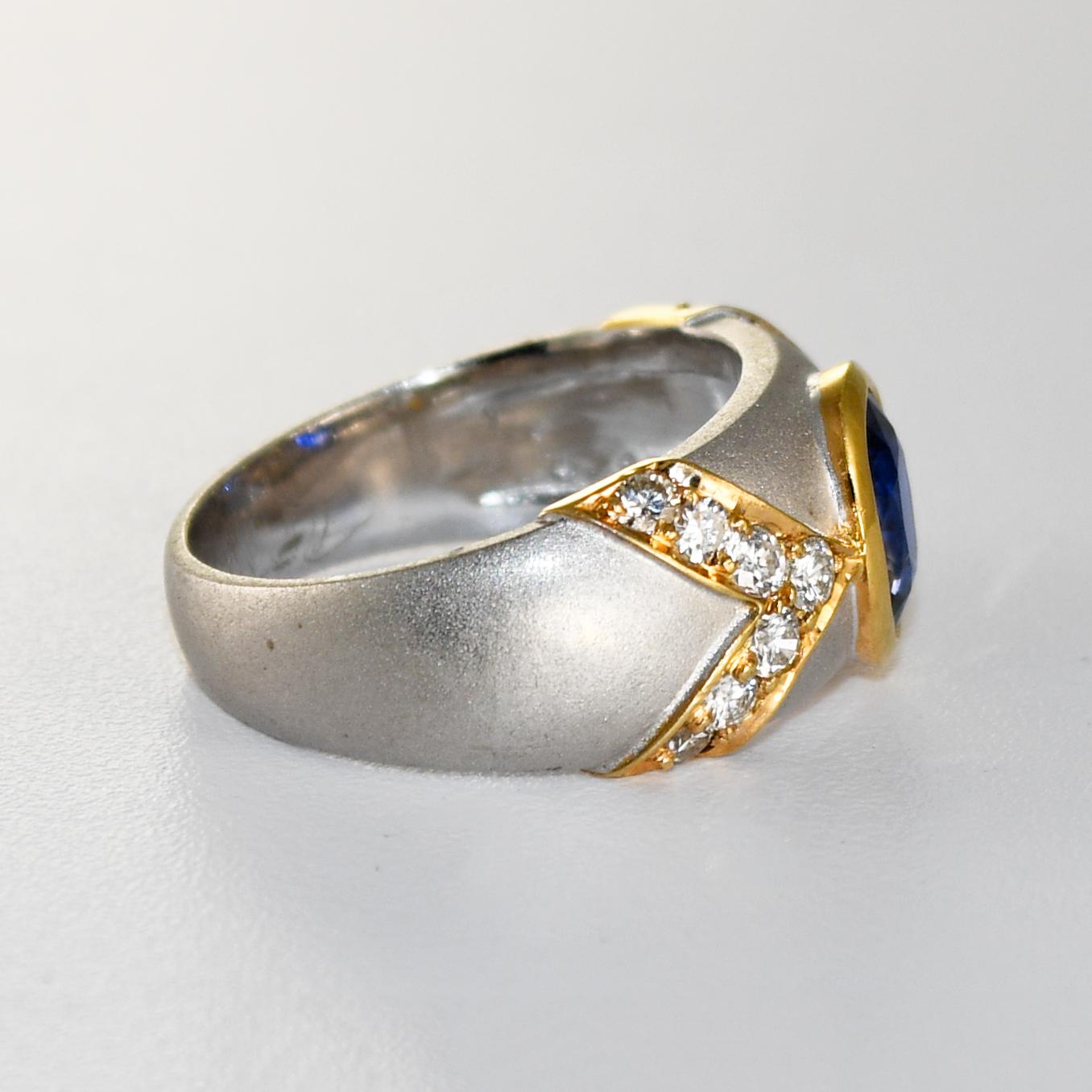 Custom-made, 16k white and yellow gold ring with blue sapphire and diamonds.
Test 65% gold using an XRF metals analyzer, and weighs 6.5 grams.
The oval sapphire is natural, deep blue, 1.30 carats.
On the sides are round brilliant diamonds, G to H