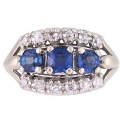 Anillo vintage para mujer de oro blanco de 14 quilates con circonita azul y diamante de talla europea antigua