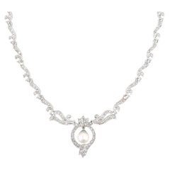 Vintage 18K White Gold Diamond & Cultured Pearl Necklace