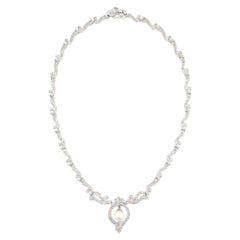 Vintage 18K White Gold Diamond & Cultured Pearl Necklace