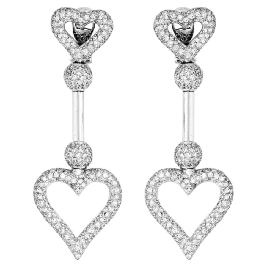 18K White Gold Pavé Diamond Heart Dangle Earrings For Sale