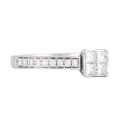 14K White Gold Princess & Round Diamond Cluster Ring