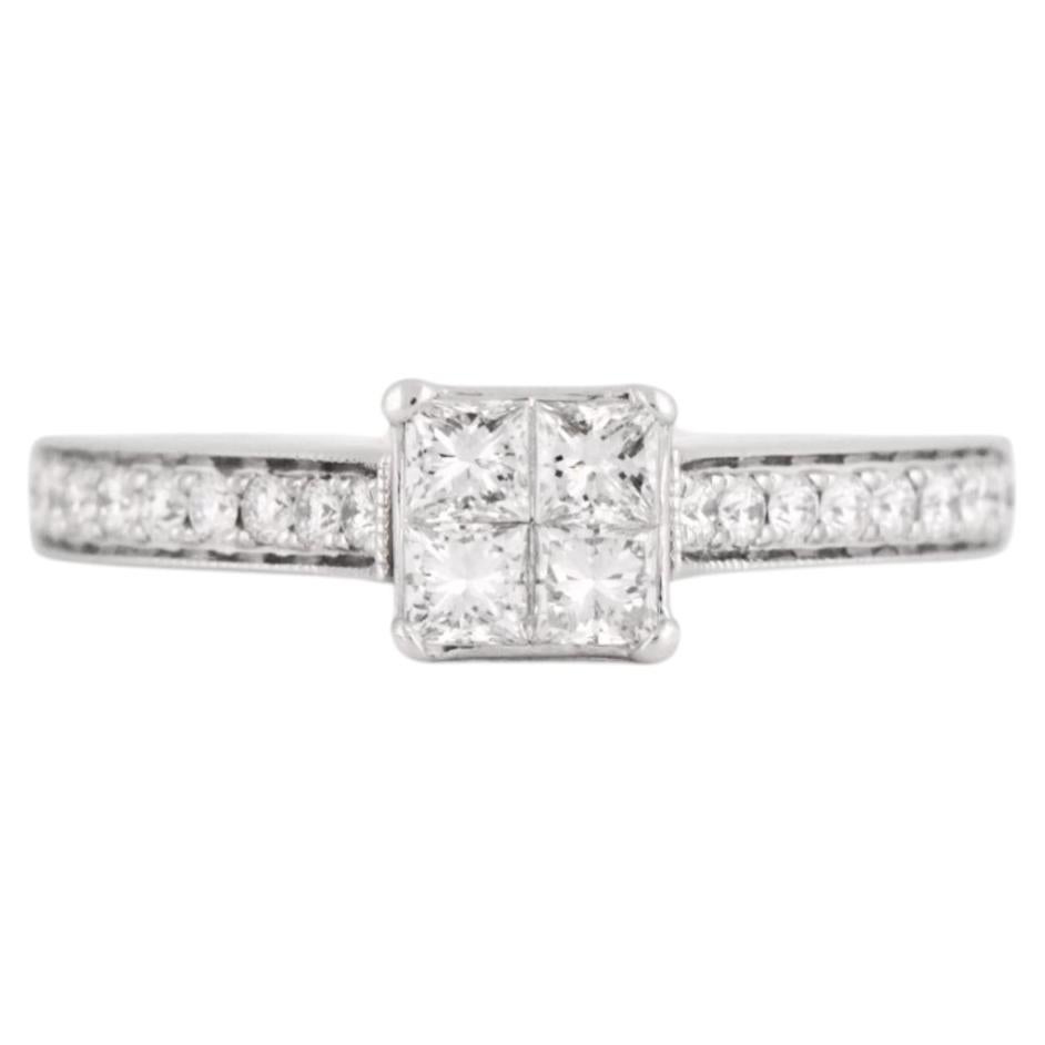 14K White Gold Princess & Round Diamond Cluster Ring For Sale