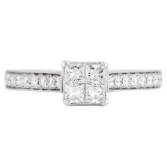 14K White Gold Princess & Round Diamond Cluster Ring