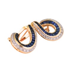 18K Yellow Gold Baguette Blue Sapphire & Diamond Earrings