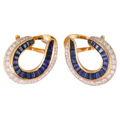 18K Yellow Gold Baguette Blue Sapphire & Diamond Earrings