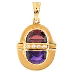 18K Yellow Gold Reddish Brown Garnet, Purple Amethyst & Diamond Pendant