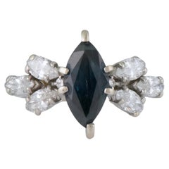 Vintage 14K White Gold Dark Blue Marquise Sapphire & Diamond Ring