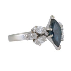 Vintage 14K White Gold Dark Blue Marquise Sapphire & Diamond Ring