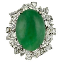 Vintage Jade and Diamond Ring, 8K White Gold and Palladium, Size 6.75