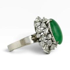 Vintage Jade and Diamond Ring, 8K White Gold and Palladium, Size 6.75