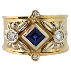 Vintage 14K Gold Sapphire and Diamond Ring, 0.50 Carat Wide Band