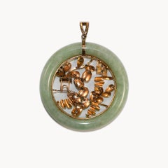 14k Yellow Gold Multi Color Jade & Diamond Pendant Greek Key Vines Leaves