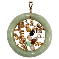 14k Yellow Gold Multi Color Jade & Diamond Pendant Greek Key Vines Leaves
