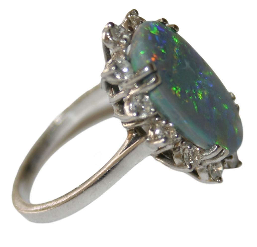 14 Karat White Gold Ladies Australian Black Opal and Diamond Cocktail Ring For Sale 1