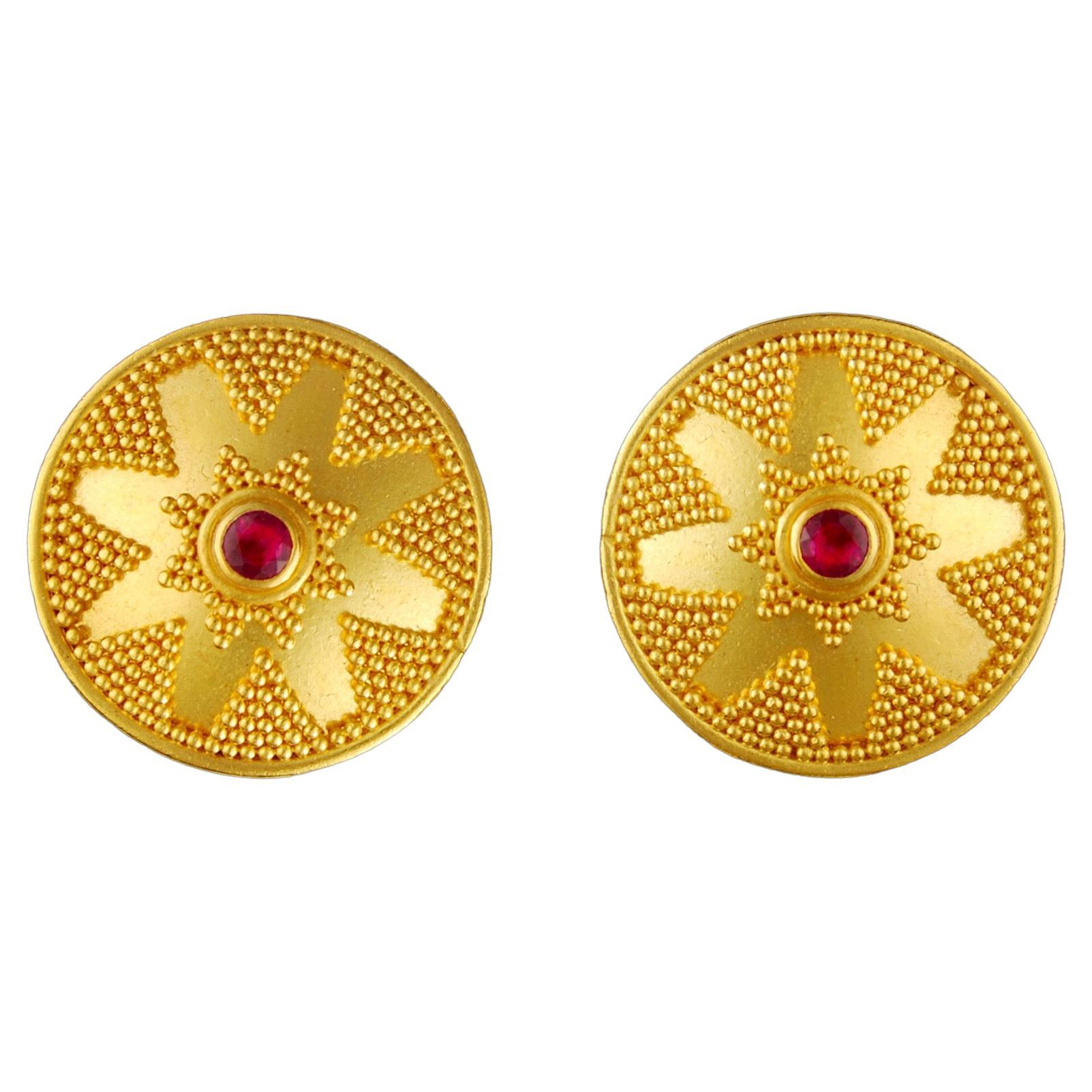 Boucles d'oreilles en or jaune rubis 22 carats Boucles d'oreilles en or 18 carats à pince et à poteau en vente