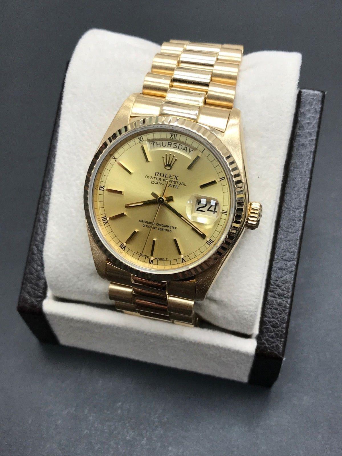 Style Number: 18038
Serial: 5382***
Model: President 
Case Material: 18K Yellow Gold 
Band: 18K Yellow Gold
Bezel: 18K Yellow Gold
Dial: Champagne  
Face: Sapphire Crystal 
Case Size: 36mm 
Includes: 
-Elegant Watch Box
-Certified Appraisal 
-6