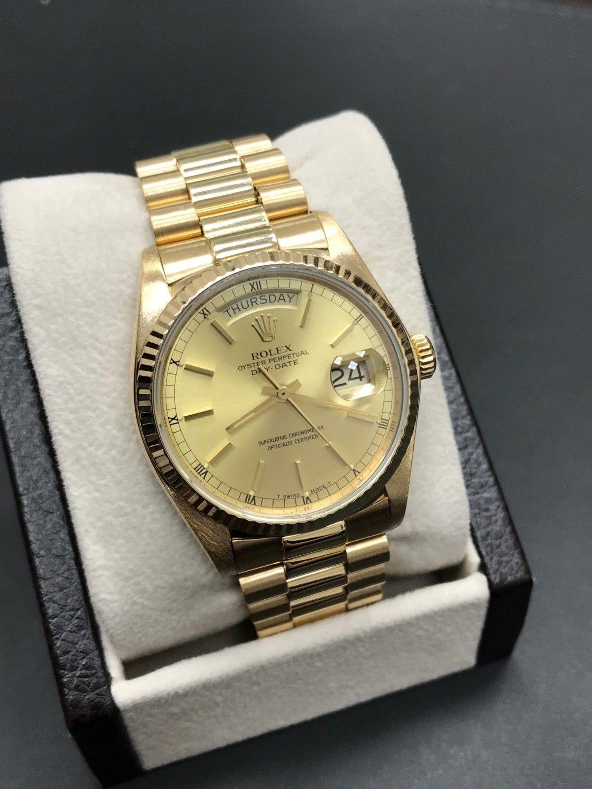 Rolex President 18038 18 Karat Yellow Gold Champagne Index Dial Mint Band In Excellent Condition In San Diego, CA