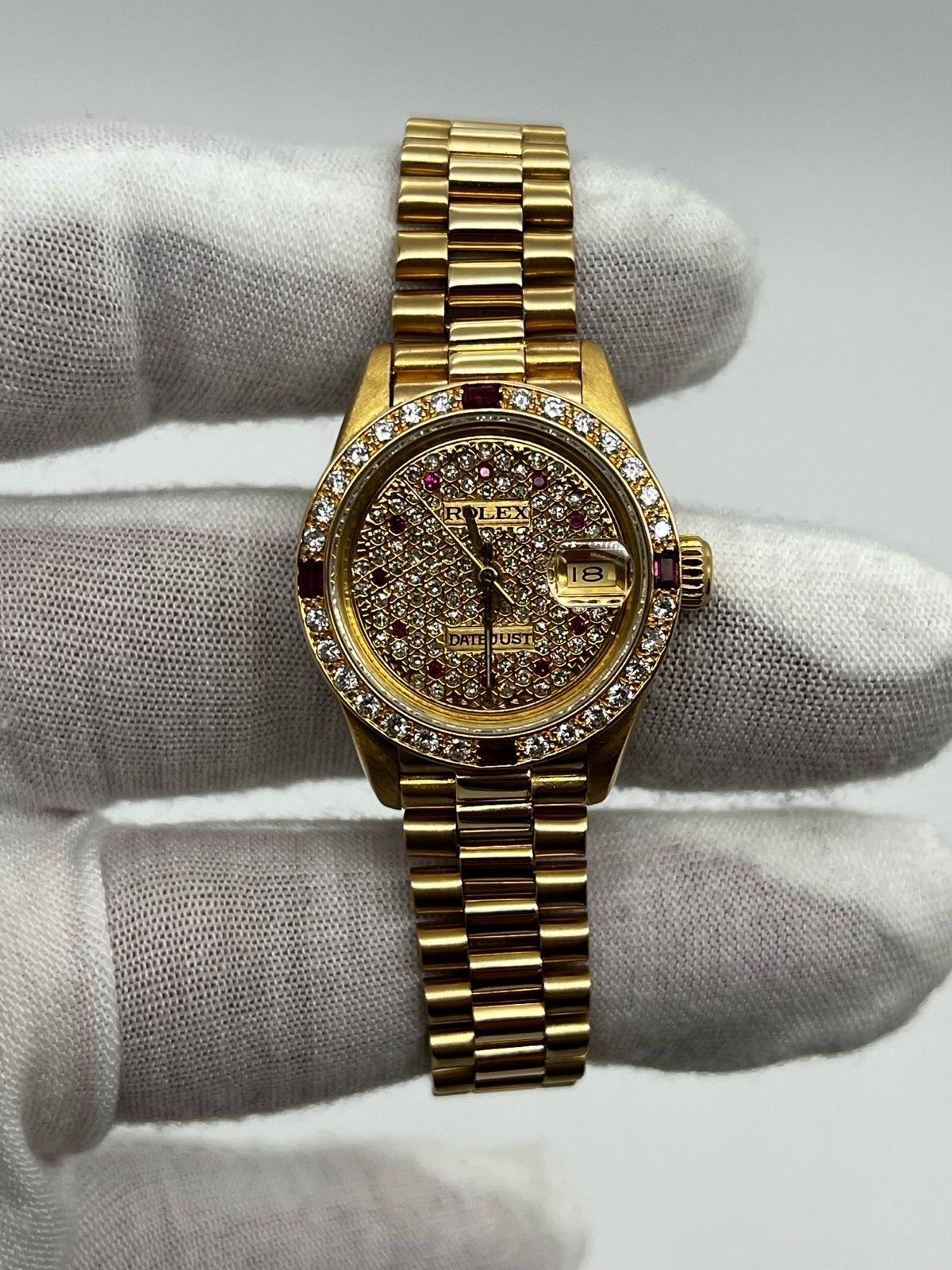 Women's or Men's Rolex Ladies President 69178 Diamond and Ruby Dial and Bezel 18k Yellow Gold For Sale