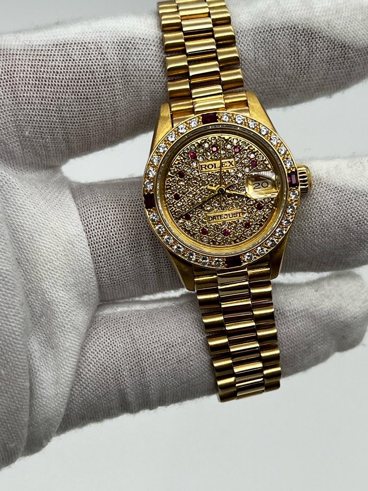 Rolex Ladies President 69178 Diamond and Ruby Dial and Bezel 18k Yellow Gold For Sale 1