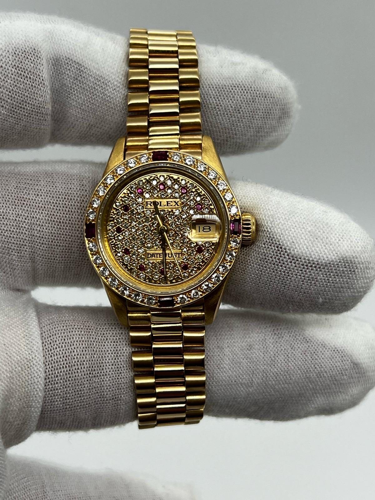 Rolex Ladies President 69178 Diamond and Ruby Dial and Bezel 18k Yellow Gold For Sale 2