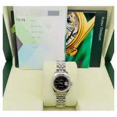 Rolex Ladies Datejust 179174 Black Roman Dial 18k Gold Steel Jubilee Box Paper